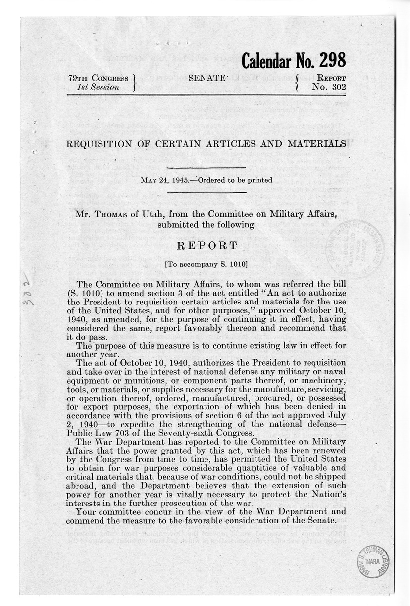 Memorandum from Harold D. Smith to M. C. Latta, H. R. 3232, to Amend an Act to Authorize the President to Requisition Certain Articles and Materials for the Use of the United States, With Attachments