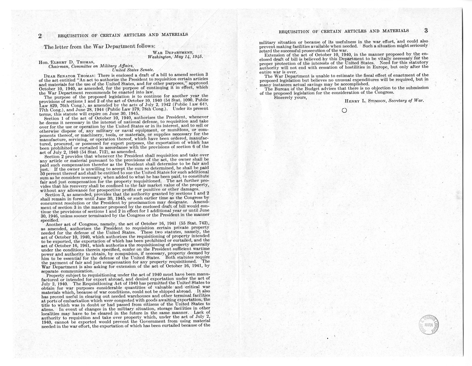 Memorandum from Harold D. Smith to M. C. Latta, H. R. 3232, to Amend an Act to Authorize the President to Requisition Certain Articles and Materials for the Use of the United States, With Attachments