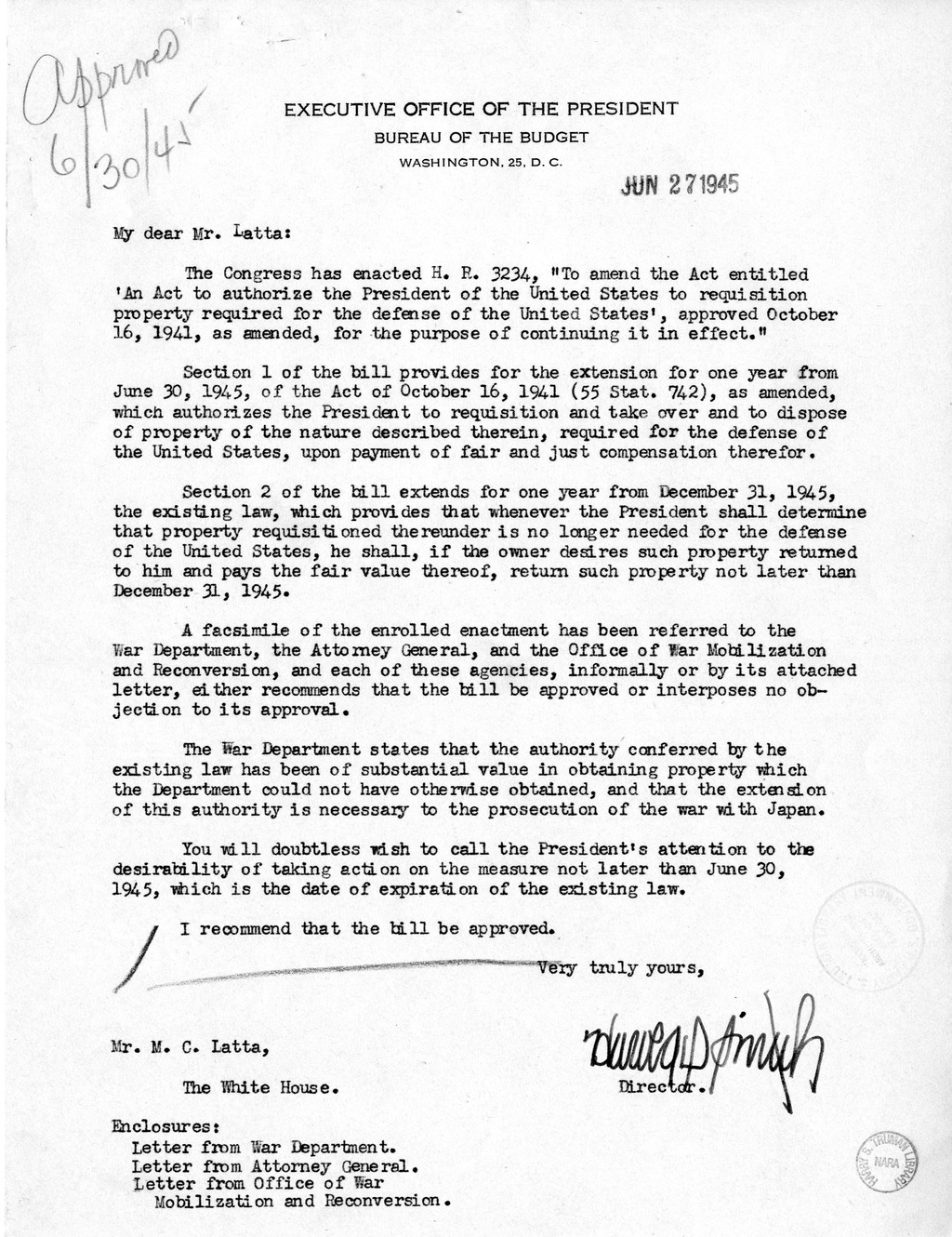 Memorandum from Harold D. Smith to M. C. Latta, H.R. 3234, To Amend An Act to Authorize the President of the United States to Requisition Property Required for the Defense of the United States', Approved October 16, 1941, as Amended, for the Purpose of Co