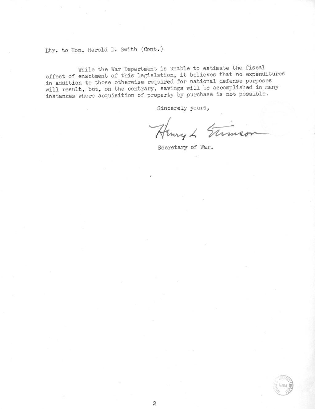 Memorandum from Harold D. Smith to M. C. Latta, H.R. 3234, To Amend An Act to Authorize the President of the United States to Requisition Property Required for the Defense of the United States', Approved October 16, 1941, as Amended, for the Purpose of Co