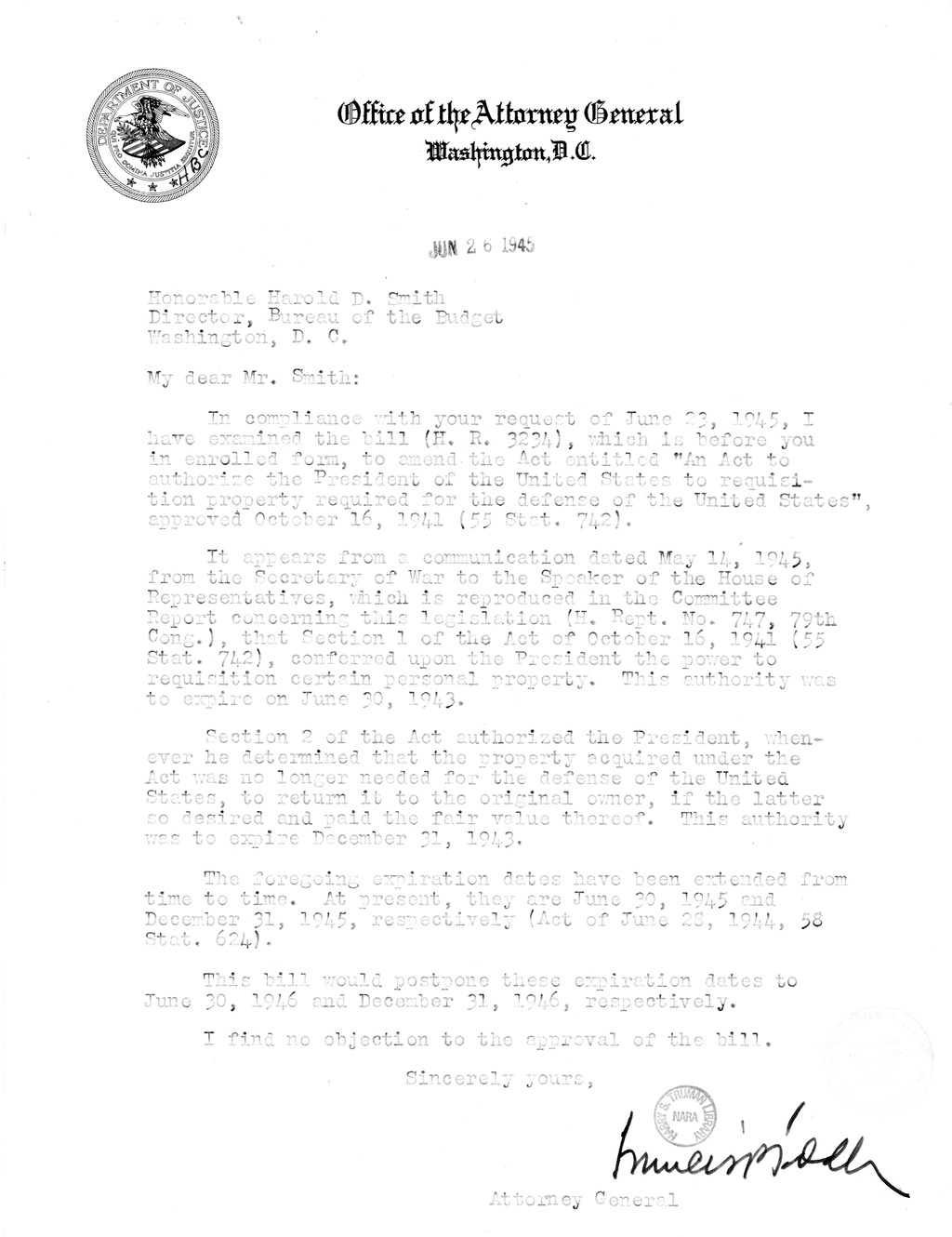 Memorandum from Harold D. Smith to M. C. Latta, H.R. 3234, To Amend An Act to Authorize the President of the United States to Requisition Property Required for the Defense of the United States', Approved October 16, 1941, as Amended, for the Purpose of Co