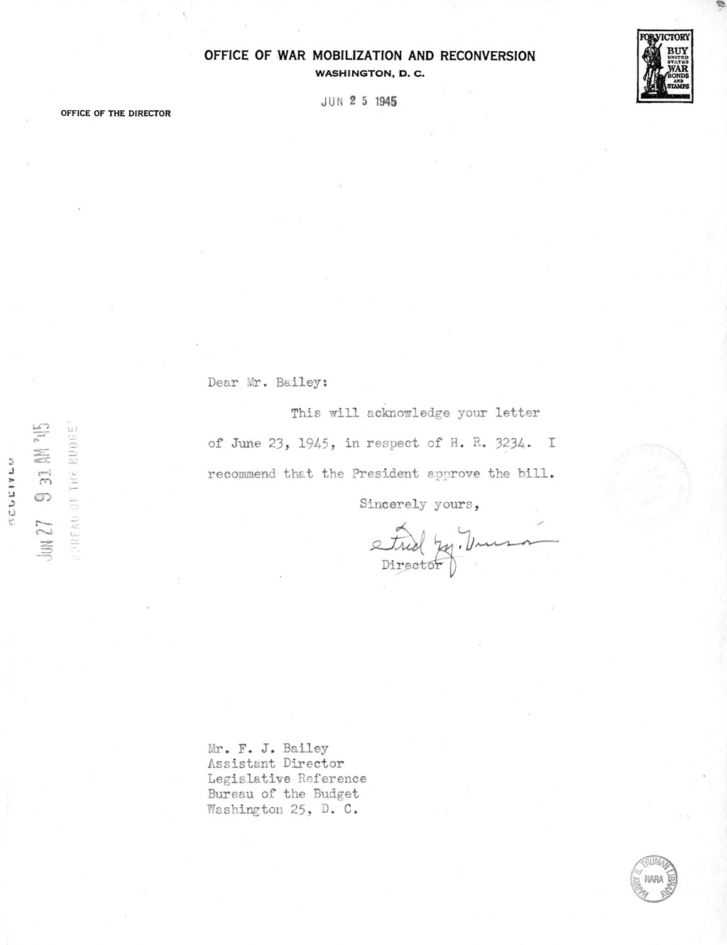 Memorandum from Harold D. Smith to M. C. Latta, H.R. 3234, To Amend An Act to Authorize the President of the United States to Requisition Property Required for the Defense of the United States', Approved October 16, 1941, as Amended, for the Purpose of Co