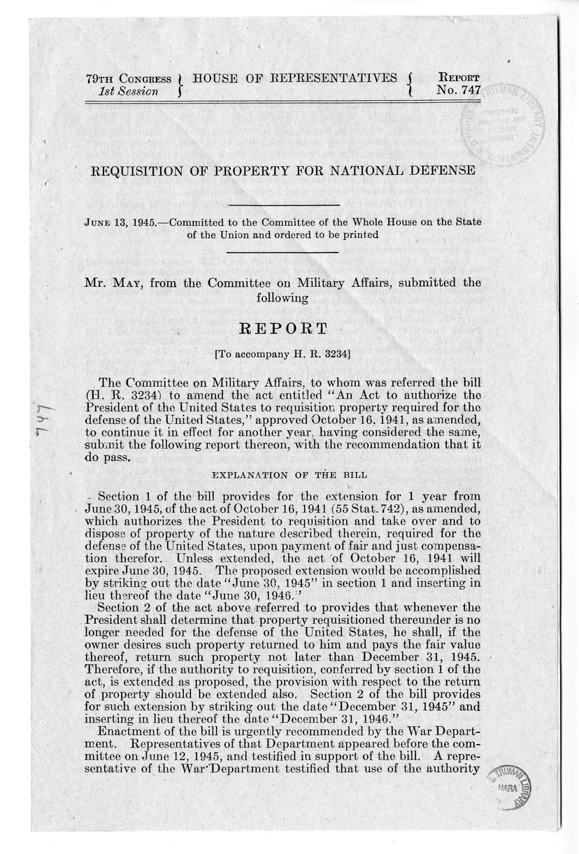Memorandum from Harold D. Smith to M. C. Latta, H.R. 3234, To Amend An Act to Authorize the President of the United States to Requisition Property Required for the Defense of the United States', Approved October 16, 1941, as Amended, for the Purpose of Co