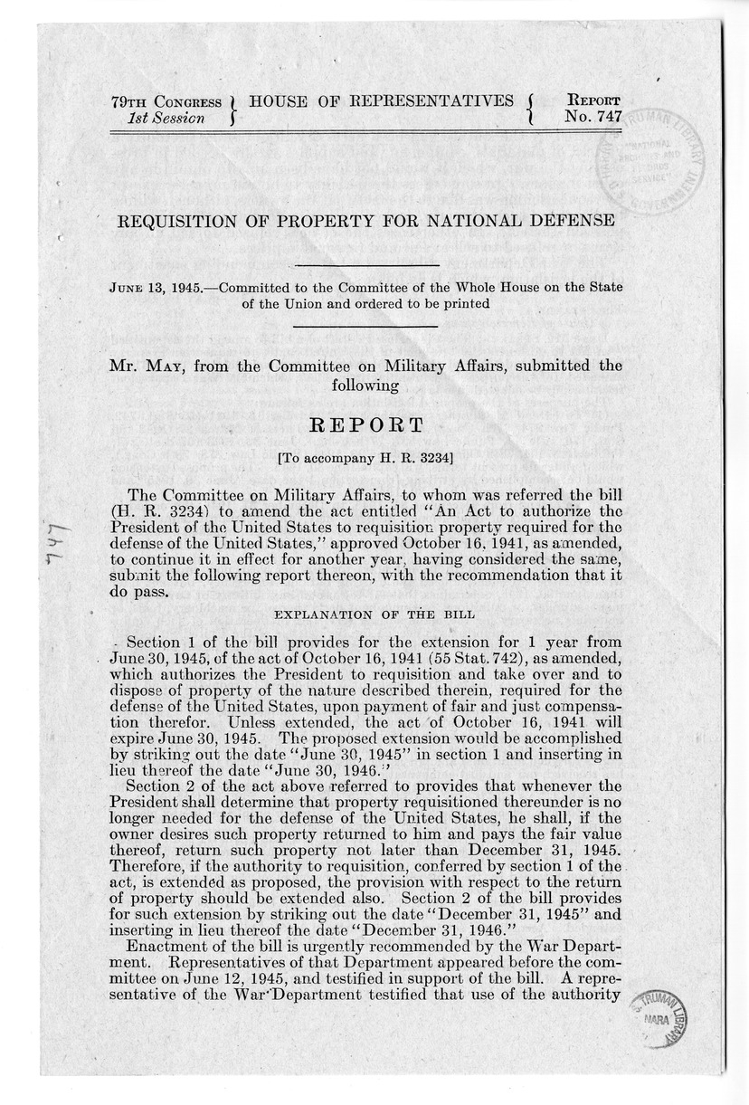 Memorandum from Harold D. Smith to M. C. Latta, H.R. 3234, To Amend An Act to Authorize the President of the United States to Requisition Property Required for the Defense of the United States', Approved October 16, 1941, as Amended, for the Purpose of Co