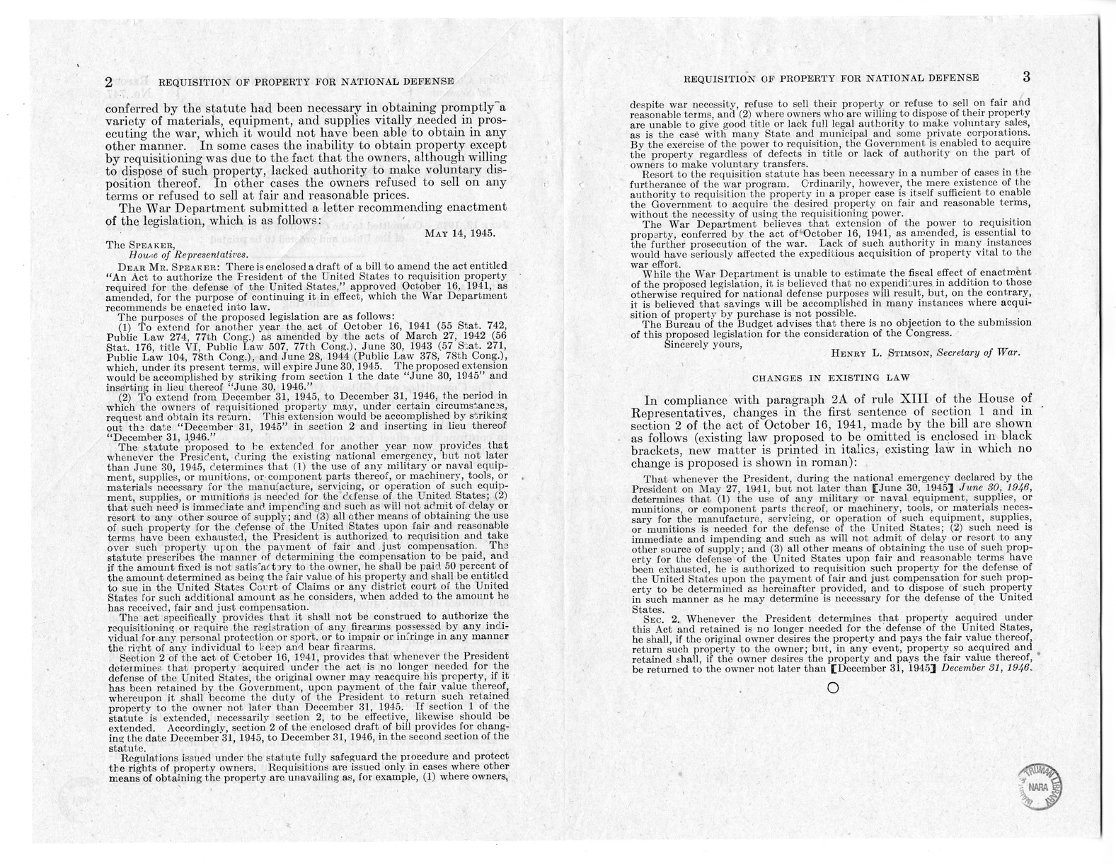 Memorandum from Harold D. Smith to M. C. Latta, H.R. 3234, To Amend An Act to Authorize the President of the United States to Requisition Property Required for the Defense of the United States', Approved October 16, 1941, as Amended, for the Purpose of Co