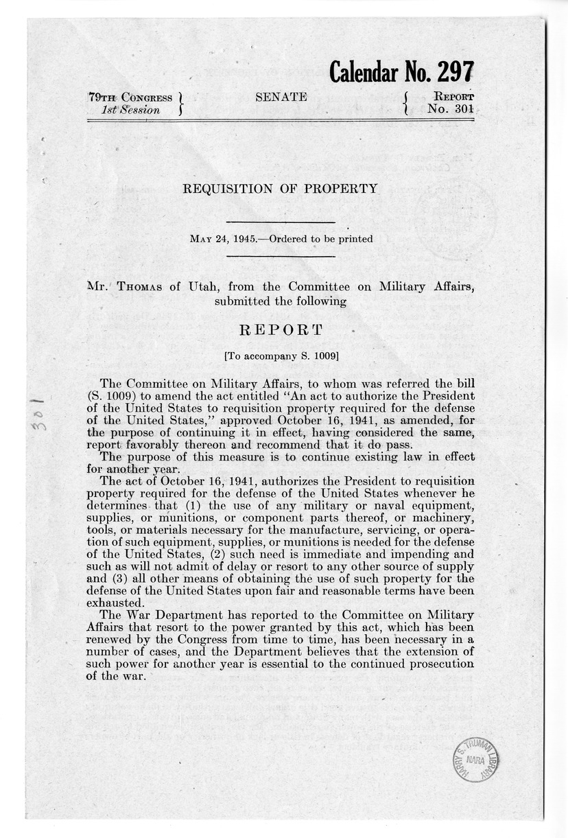 Memorandum from Harold D. Smith to M. C. Latta, H.R. 3234, To Amend An Act to Authorize the President of the United States to Requisition Property Required for the Defense of the United States', Approved October 16, 1941, as Amended, for the Purpose of Co