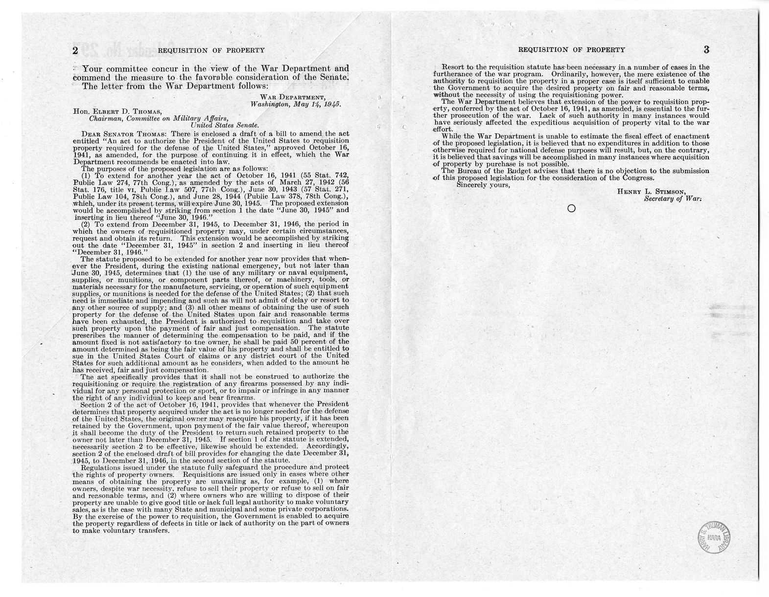 Memorandum from Harold D. Smith to M. C. Latta, H.R. 3234, To Amend An Act to Authorize the President of the United States to Requisition Property Required for the Defense of the United States', Approved October 16, 1941, as Amended, for the Purpose of Co