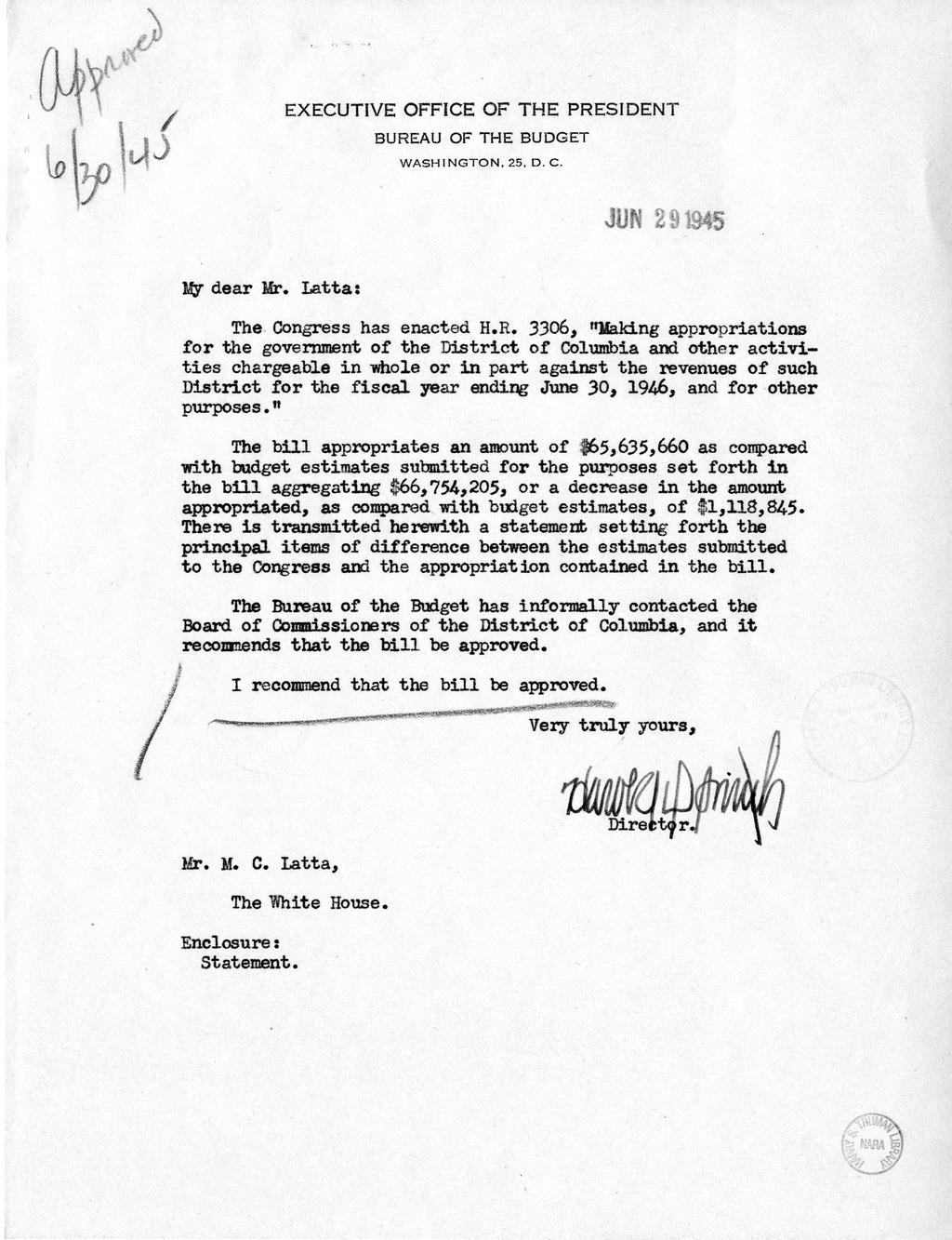Memorandum from Harold D. Smith to M. C. Latta, H.R. 3306, Making Appropriations for the District of Columbia for the Fiscal Year Ending June 30, 1946, with Attachments