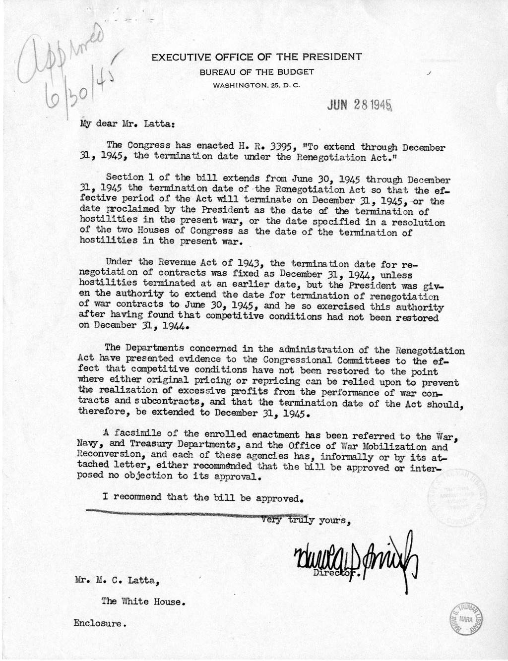 Memorandum from Harold D. Smith to M. C. Latta, H.R. 3395, To Extend Through December 31, 1945, the Termination Date Under the Renegotiation Act, with Attachments