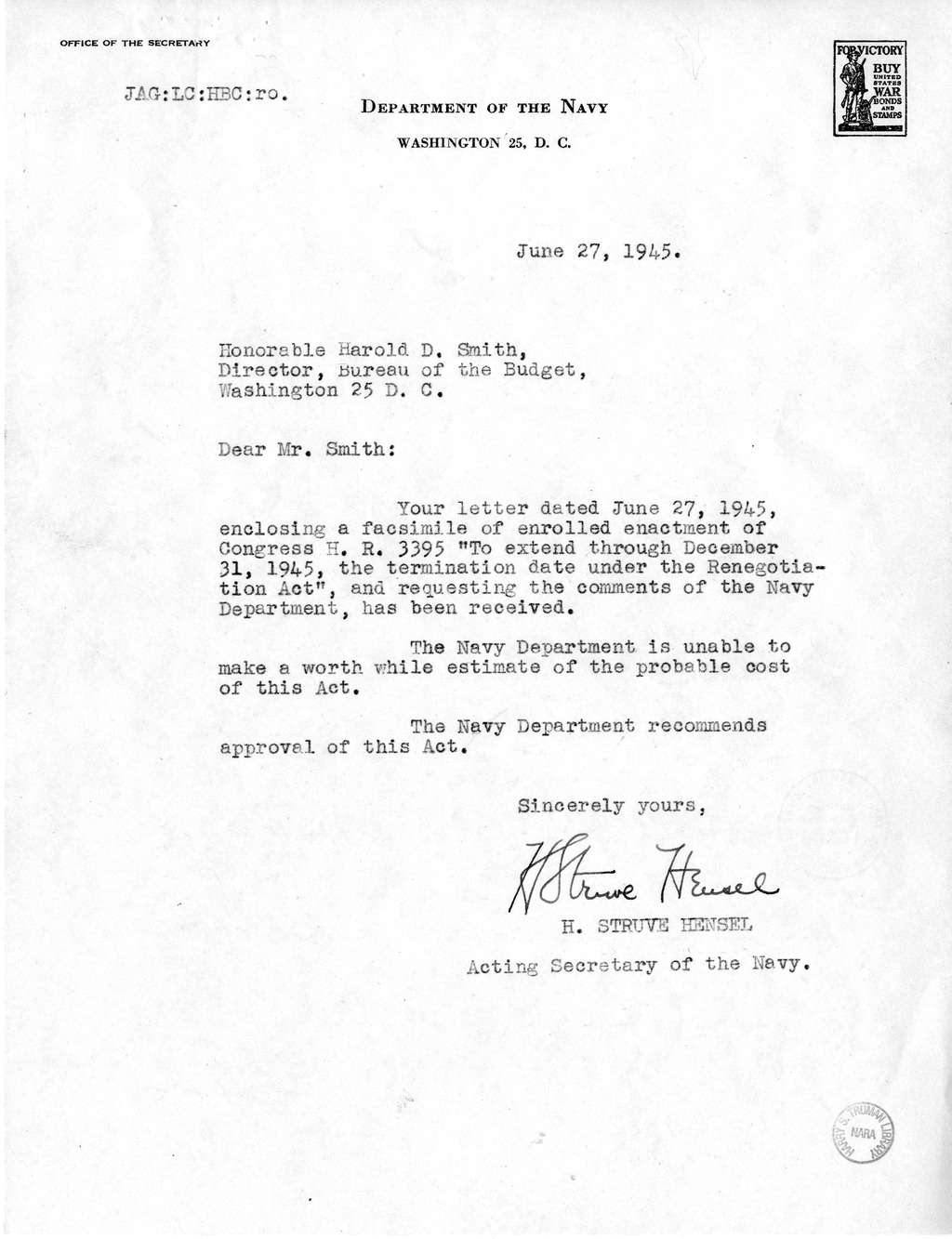 Memorandum from Harold D. Smith to M. C. Latta, H.R. 3395, To Extend Through December 31, 1945, the Termination Date Under the Renegotiation Act, with Attachments