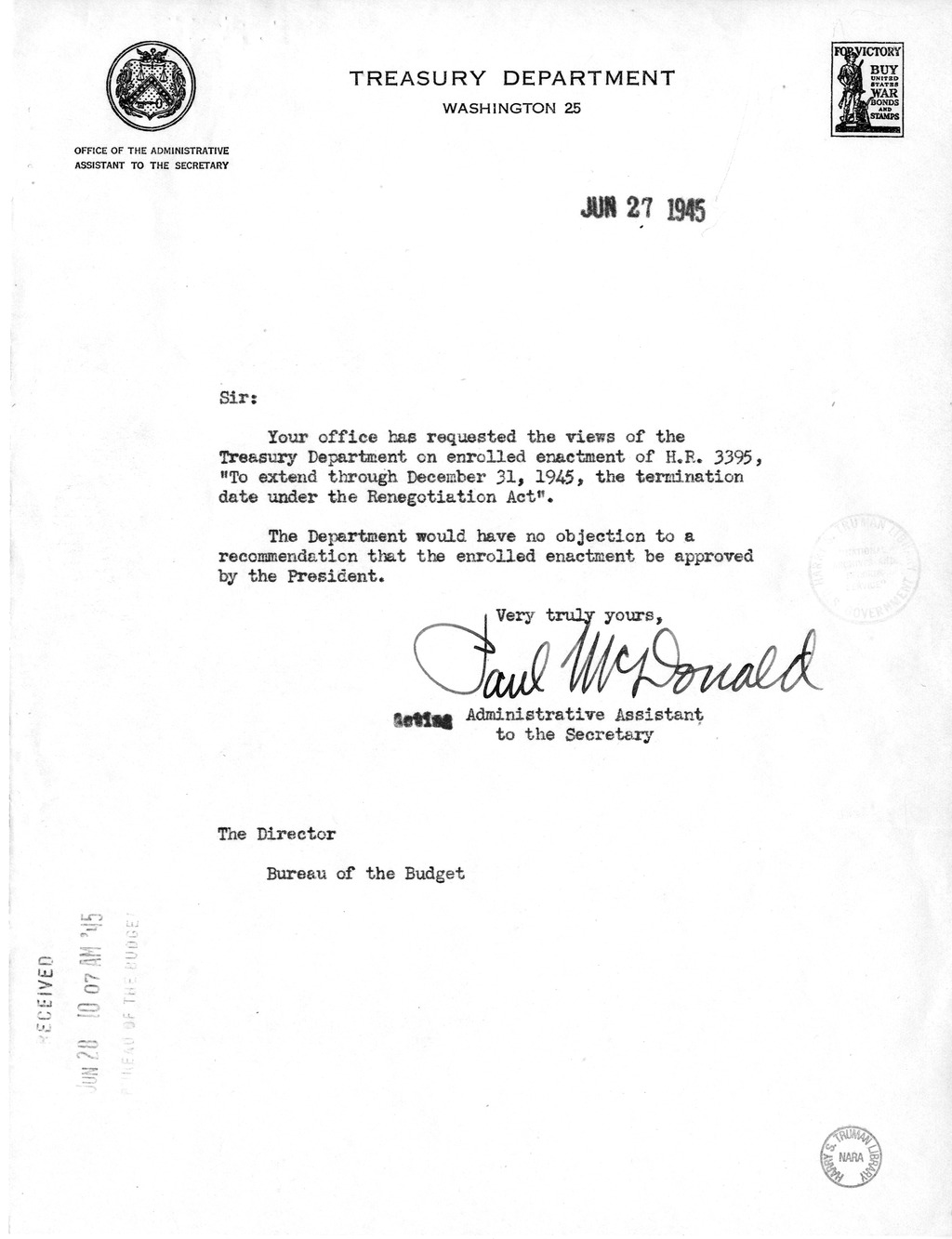 Memorandum from Harold D. Smith to M. C. Latta, H.R. 3395, To Extend Through December 31, 1945, the Termination Date Under the Renegotiation Act, with Attachments