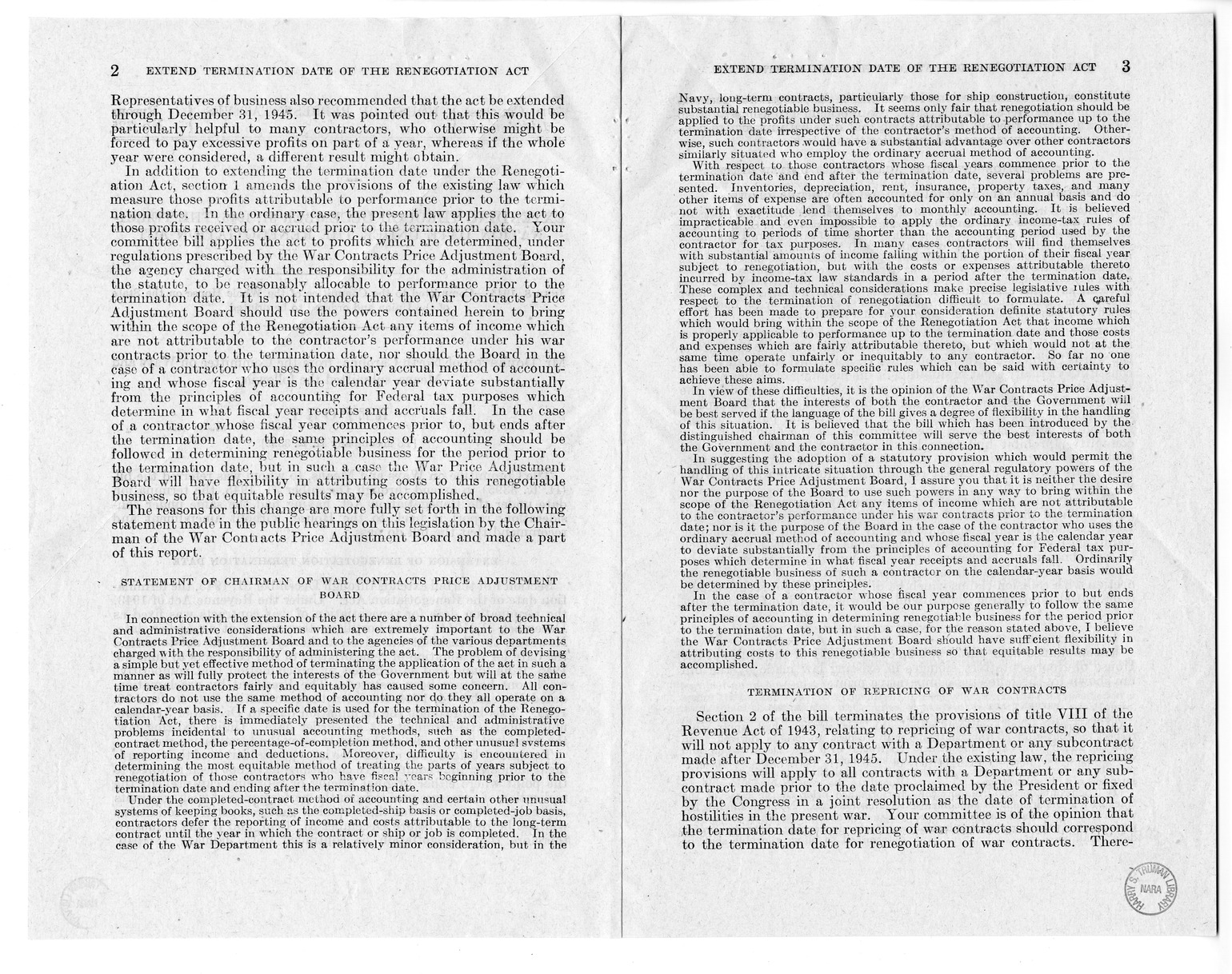 Memorandum from Harold D. Smith to M. C. Latta, H.R. 3395, To Extend Through December 31, 1945, the Termination Date Under the Renegotiation Act, with Attachments