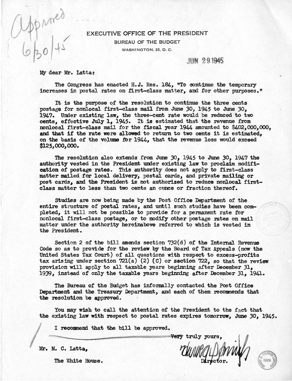 Memorandum from Harold D. Smith to M. C. Latta, H.J. Res. 184, To Continue the Temporary Increases in Postal Rates on First-Class Matter, and for Other Purposes, with Attachments