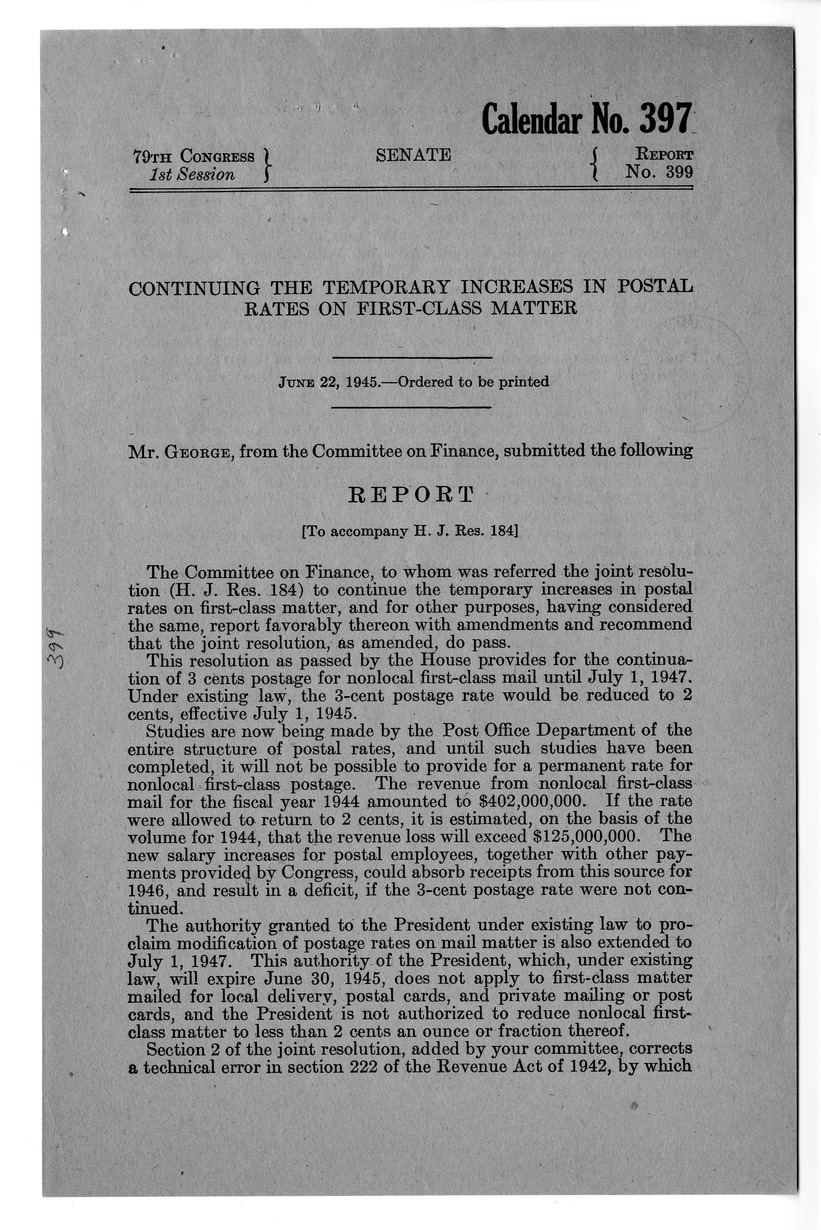 Memorandum from Harold D. Smith to M. C. Latta, H.J. Res. 184, To Continue the Temporary Increases in Postal Rates on First-Class Matter, and for Other Purposes, with Attachments