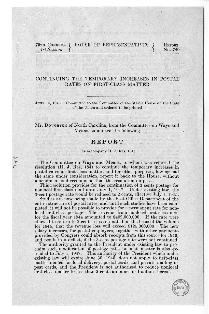 Memorandum from Harold D. Smith to M. C. Latta, H.J. Res. 184, To Continue the Temporary Increases in Postal Rates on First-Class Matter, and for Other Purposes, with Attachments