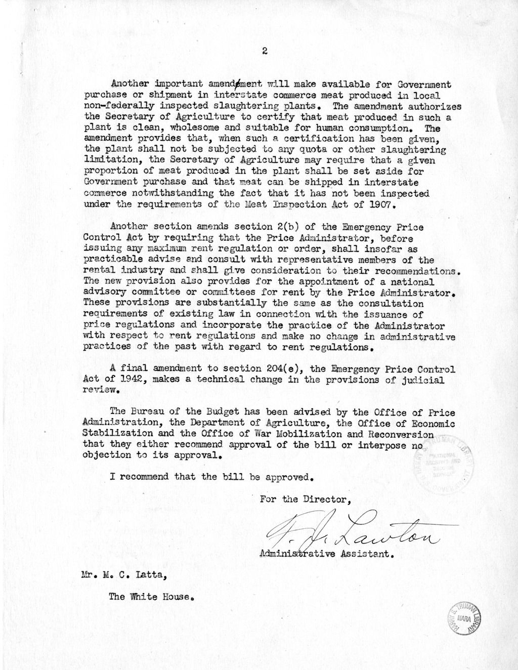 Memorandum from Frederick J. Lawton to M. C. Latta, S.J. Res. 30, Extending the Effective Period of the Emergency Price Control Act of 1942 and the Stabilization Act of 1942, with Attachments