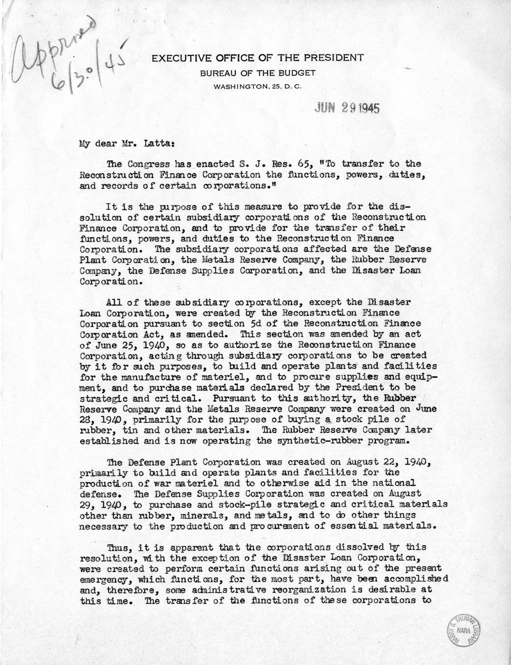 Memorandum from Harold D. Smith to M. C. Latta, S.J. Res. 65, To Transfer to the Reconstruction on Finance Corporation the Functions, Powers, Duties, and Records of Certain Corporations, with Attachments