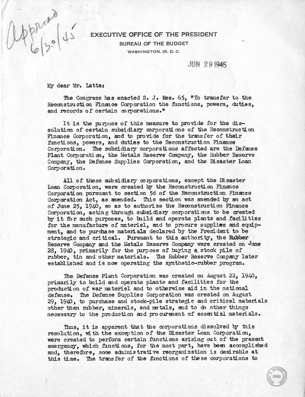 Memorandum from Harold D. Smith to M. C. Latta, S.J. Res. 65, To Transfer to the Reconstruction on Finance Corporation the Functions, Powers, Duties, and Records of Certain Corporations, with Attachments