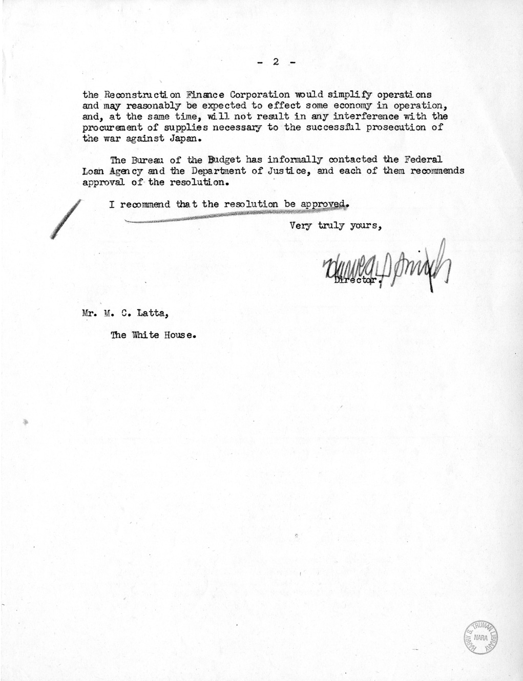 Memorandum from Harold D. Smith to M. C. Latta, S.J. Res. 65, To Transfer to the Reconstruction on Finance Corporation the Functions, Powers, Duties, and Records of Certain Corporations, with Attachments