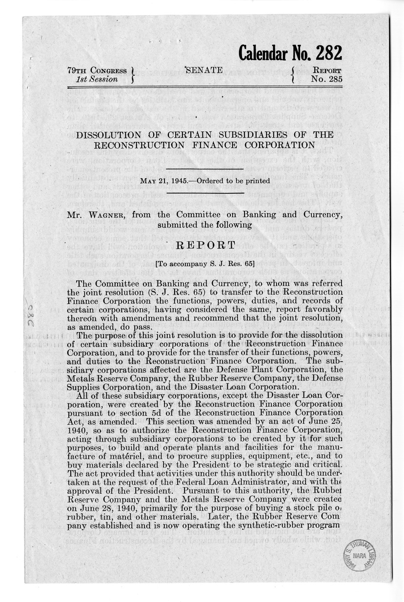 Memorandum from Harold D. Smith to M. C. Latta, S.J. Res. 65, To Transfer to the Reconstruction on Finance Corporation the Functions, Powers, Duties, and Records of Certain Corporations, with Attachments