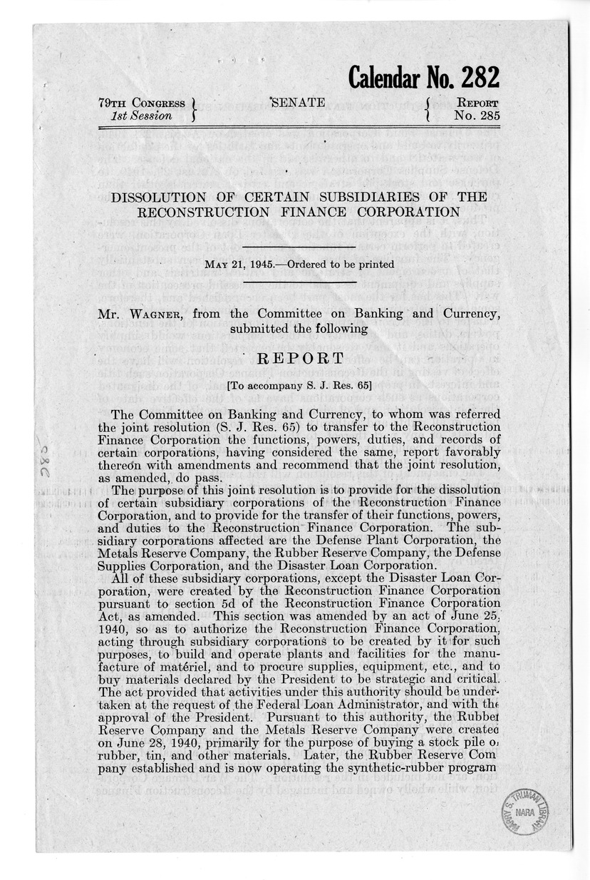 Memorandum from Harold D. Smith to M. C. Latta, S.J. Res. 65, To Transfer to the Reconstruction on Finance Corporation the Functions, Powers, Duties, and Records of Certain Corporations, with Attachments