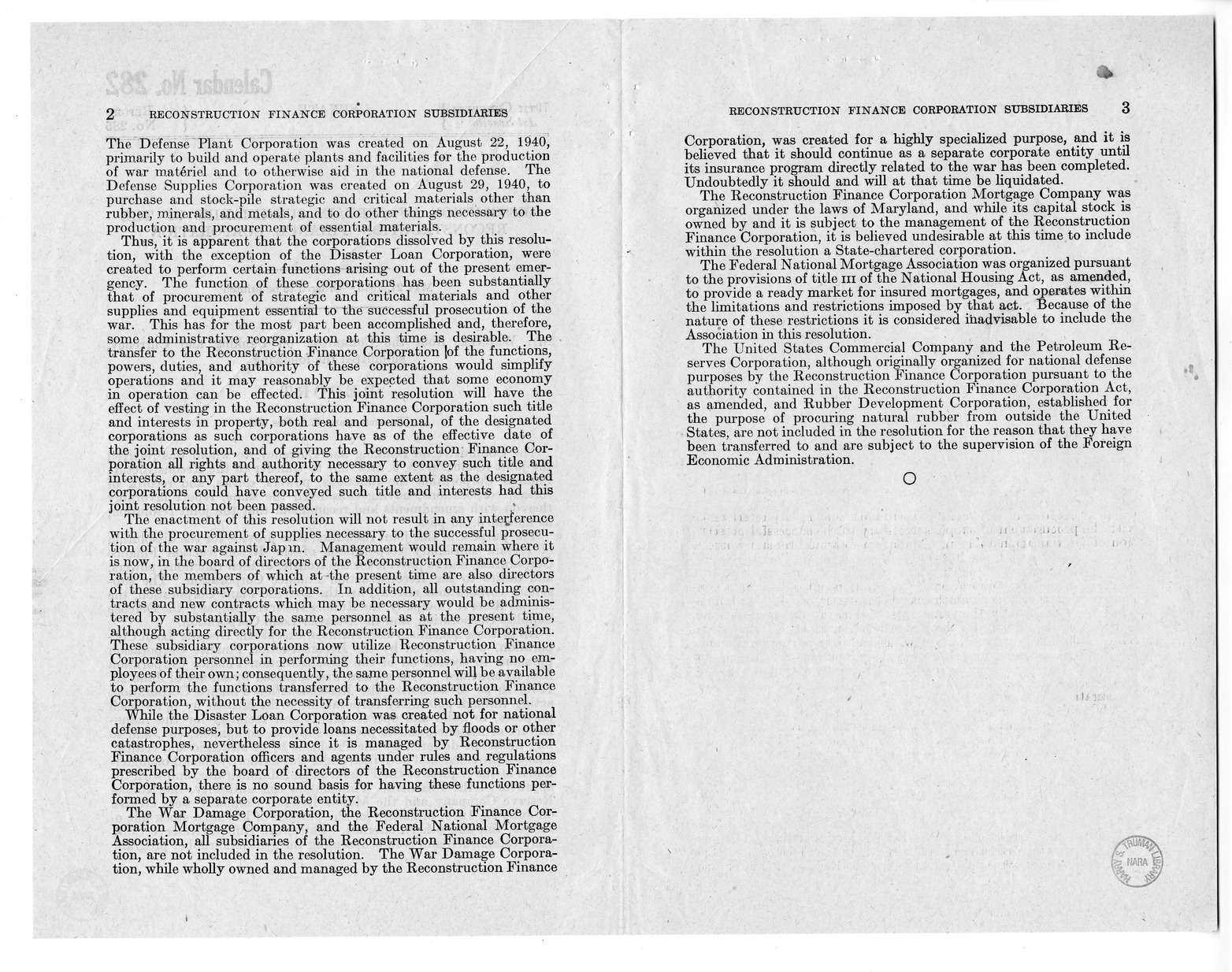 Memorandum from Harold D. Smith to M. C. Latta, S.J. Res. 65, To Transfer to the Reconstruction on Finance Corporation the Functions, Powers, Duties, and Records of Certain Corporations, with Attachments