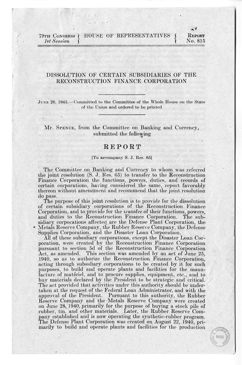 Memorandum from Harold D. Smith to M. C. Latta, S.J. Res. 65, To Transfer to the Reconstruction on Finance Corporation the Functions, Powers, Duties, and Records of Certain Corporations, with Attachments