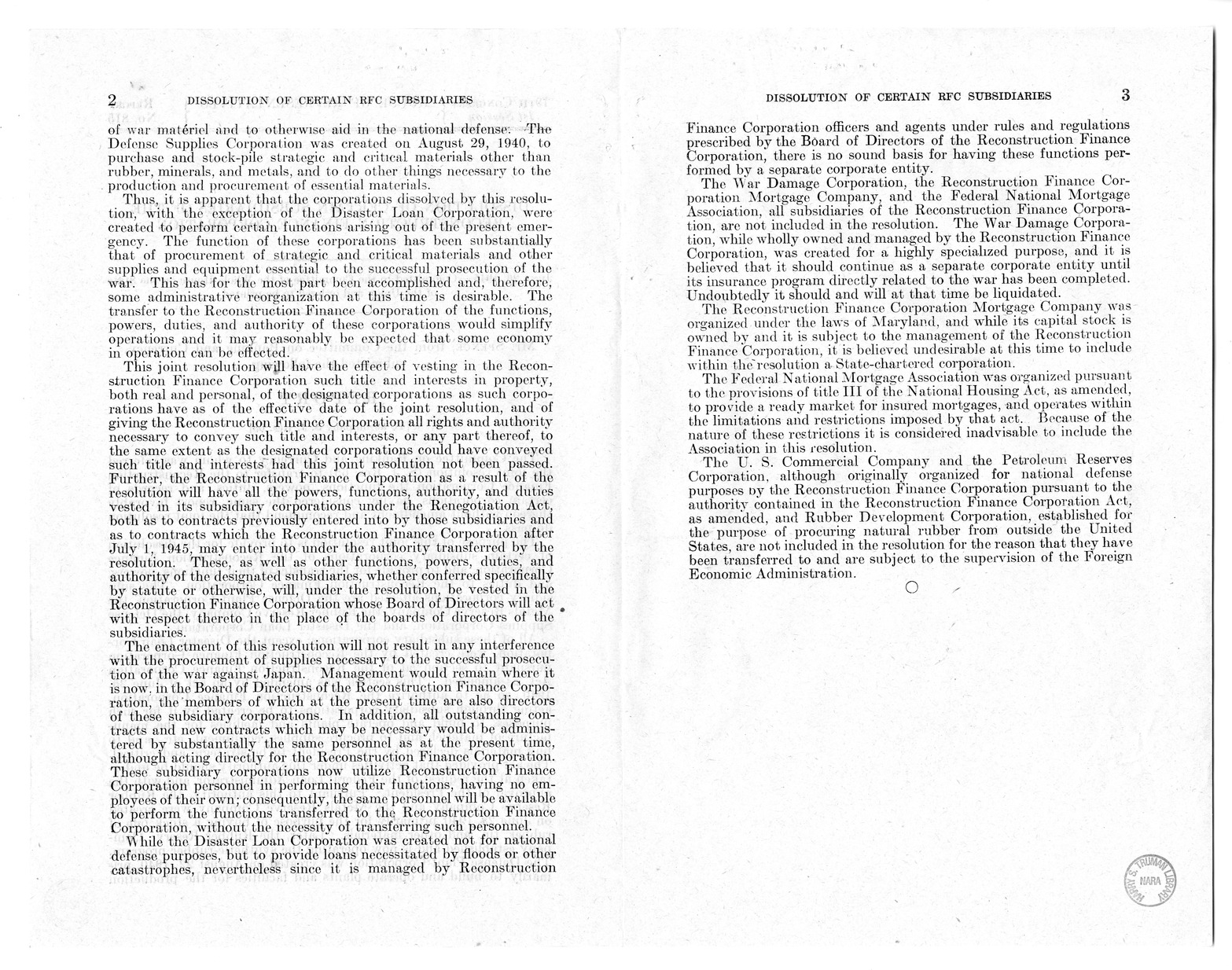 Memorandum from Harold D. Smith to M. C. Latta, S.J. Res. 65, To Transfer to the Reconstruction on Finance Corporation the Functions, Powers, Duties, and Records of Certain Corporations, with Attachments