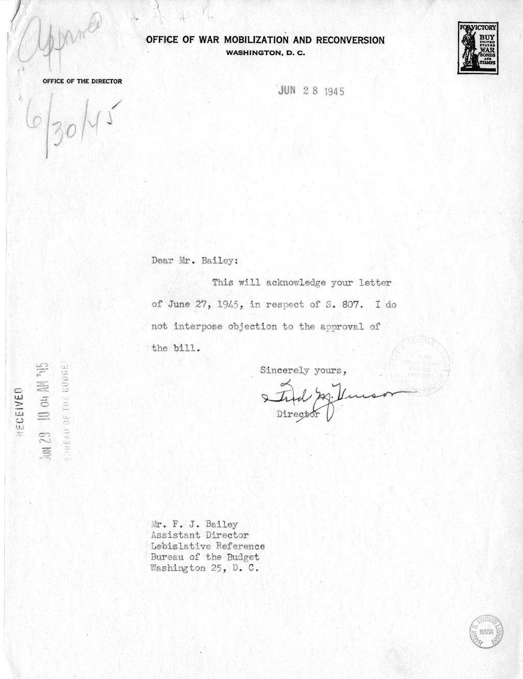 Memorandum from Harold D. Smith to M. C. Latta, S. 807, To Improve Salary and Wage Administration in the Federal Service, and Other Purposes, with Attachments