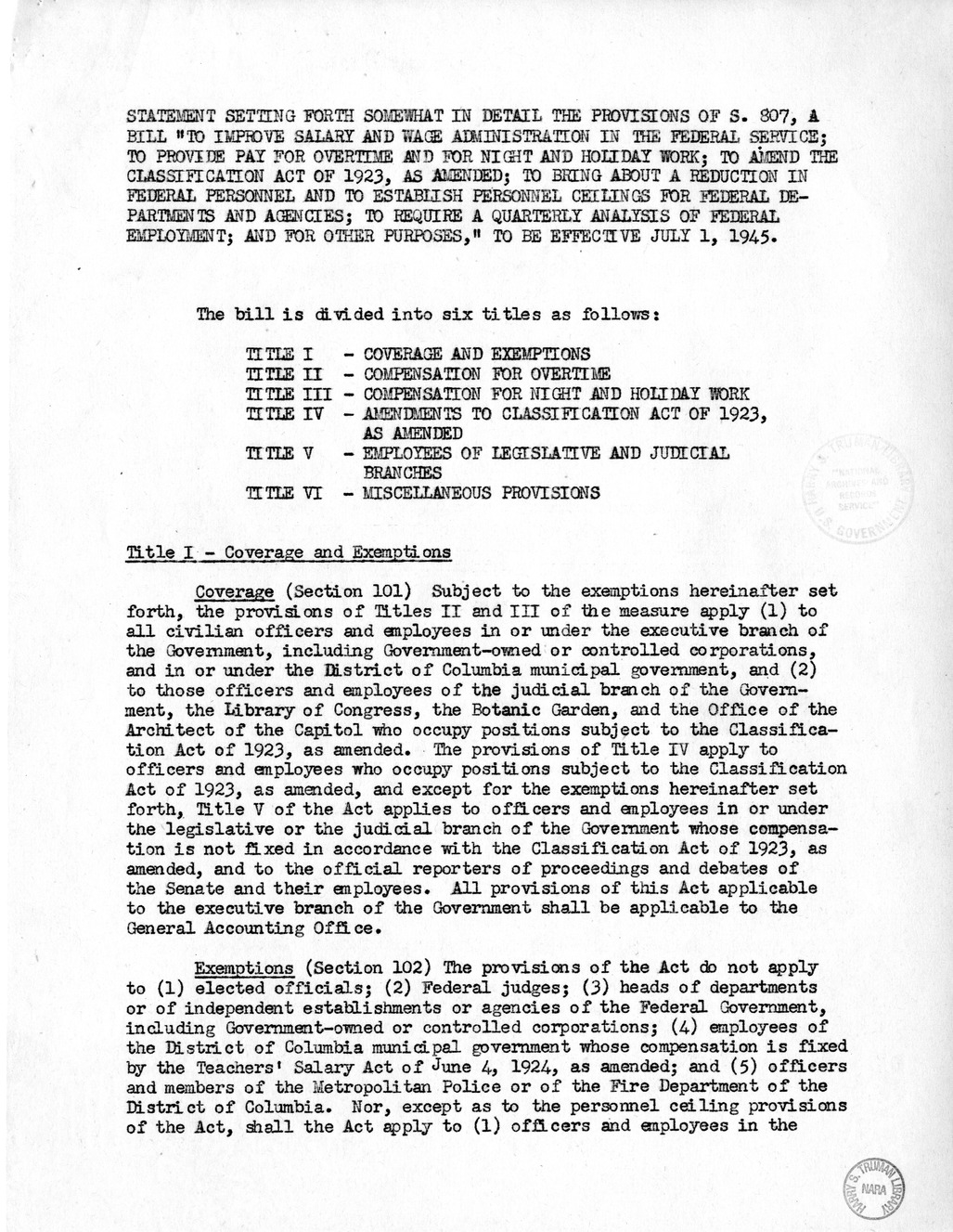 Memorandum from Harold D. Smith to M. C. Latta, S. 807, To Improve Salary and Wage Administration in the Federal Service, and Other Purposes, with Attachments
