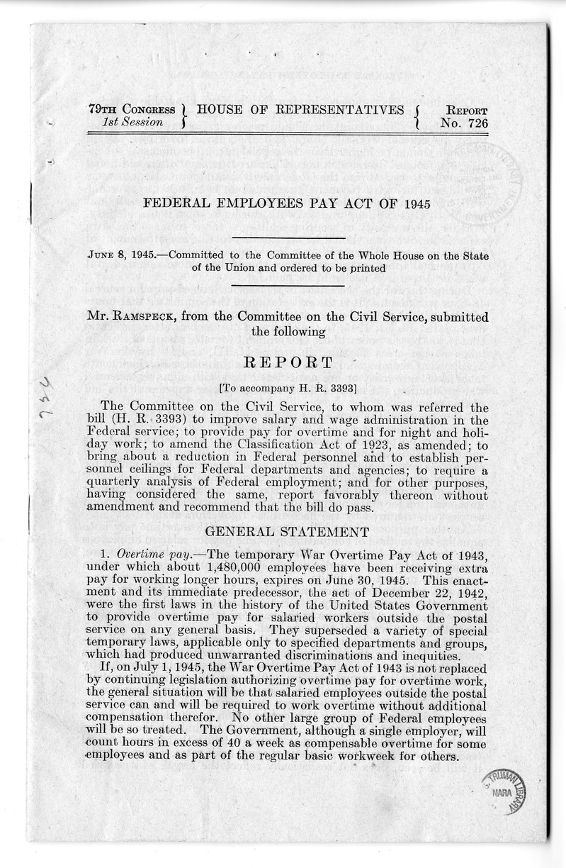 Memorandum from Harold D. Smith to M. C. Latta, S. 807, To Improve Salary and Wage Administration in the Federal Service, and Other Purposes, with Attachments