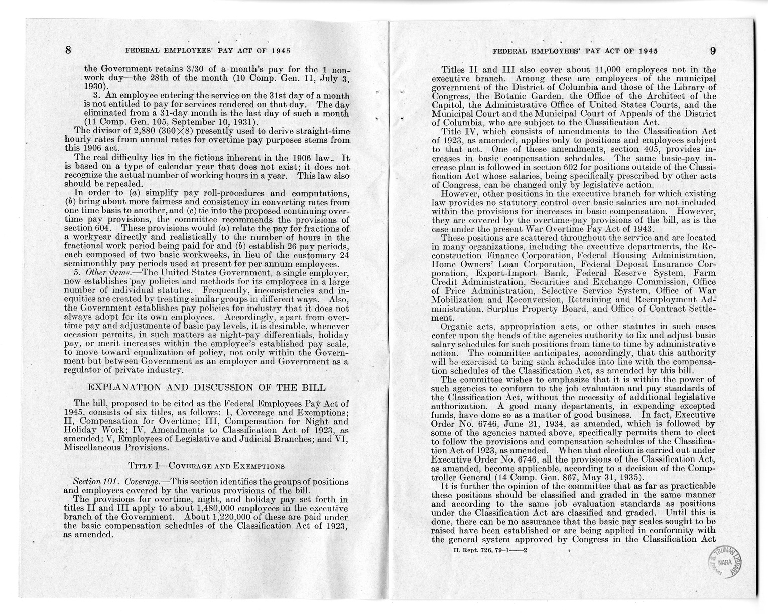 Memorandum from Harold D. Smith to M. C. Latta, S. 807, To Improve Salary and Wage Administration in the Federal Service, and Other Purposes, with Attachments