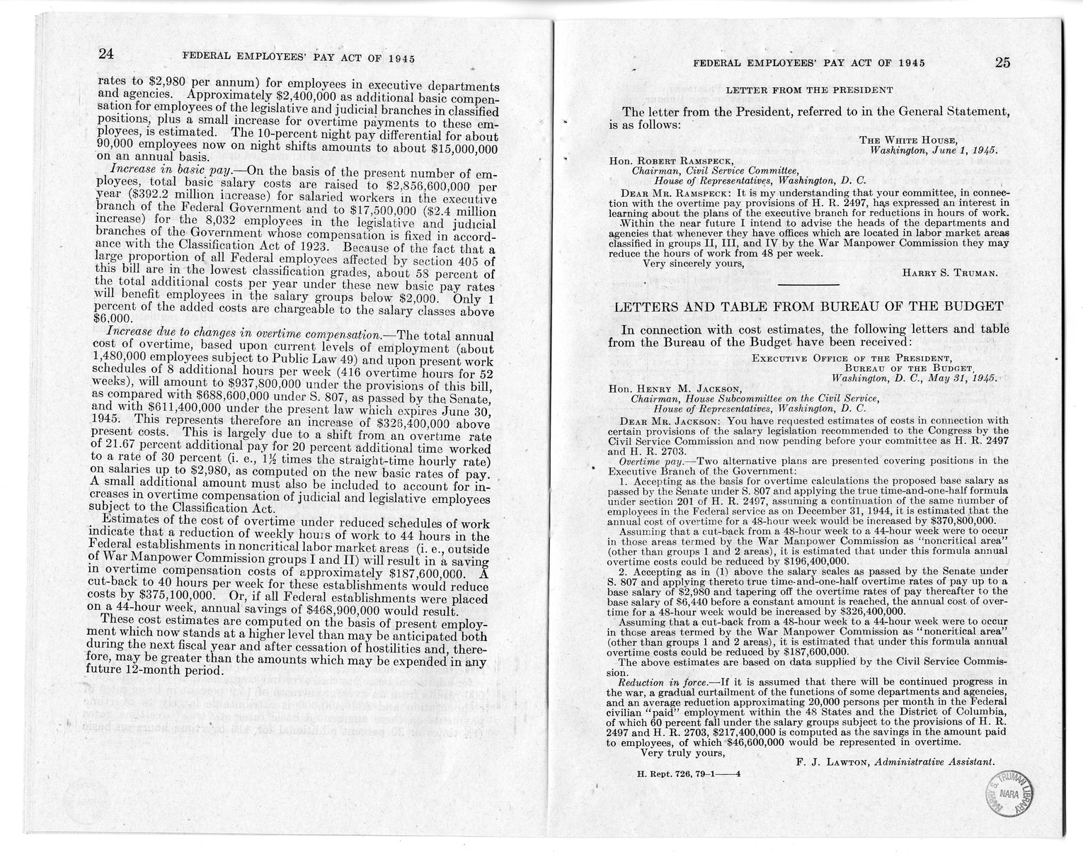 Memorandum from Harold D. Smith to M. C. Latta, S. 807, To Improve Salary and Wage Administration in the Federal Service, and Other Purposes, with Attachments