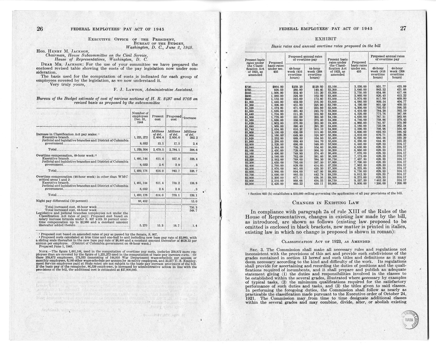 Memorandum from Harold D. Smith to M. C. Latta, S. 807, To Improve Salary and Wage Administration in the Federal Service, and Other Purposes, with Attachments