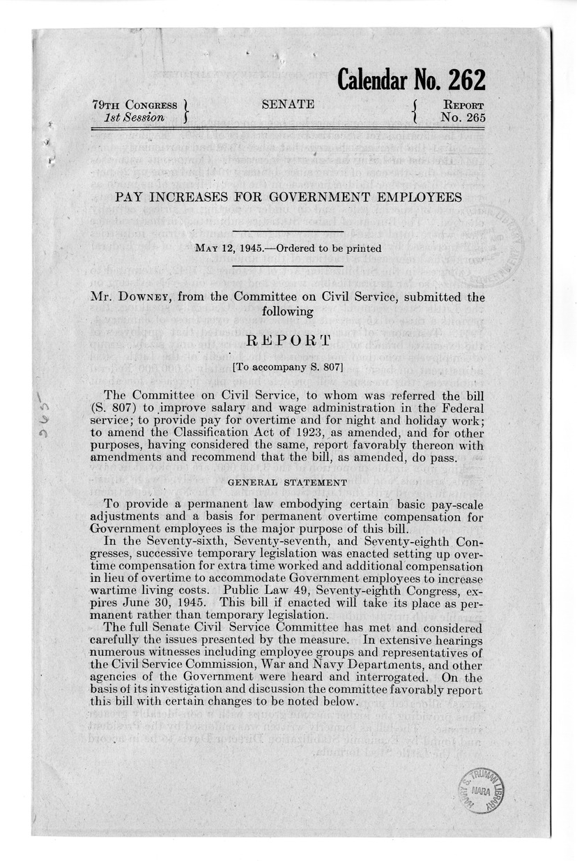 Memorandum from Harold D. Smith to M. C. Latta, S. 807, To Improve Salary and Wage Administration in the Federal Service, and Other Purposes, with Attachments