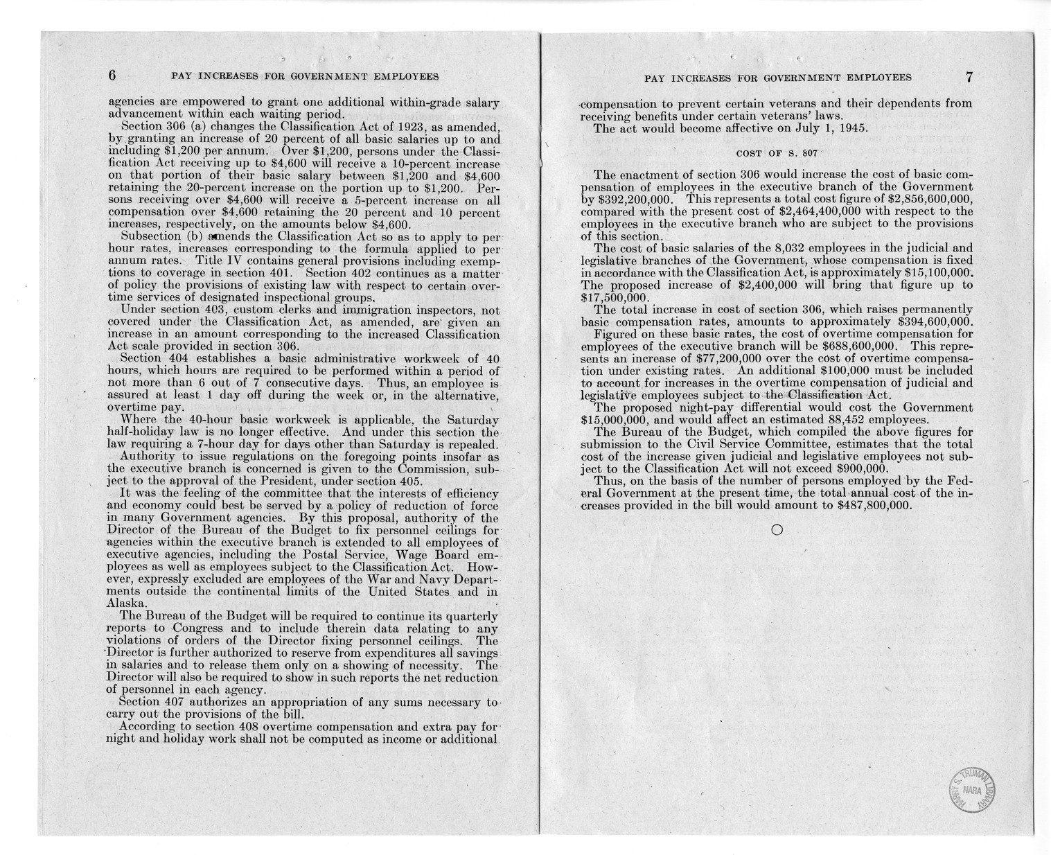 Memorandum from Harold D. Smith to M. C. Latta, S. 807, To Improve Salary and Wage Administration in the Federal Service, and Other Purposes, with Attachments