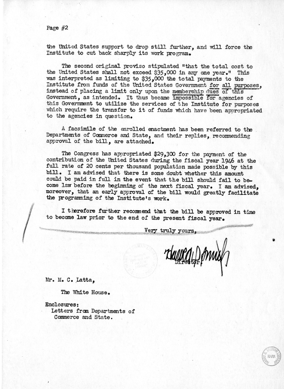 Memorandum from Harold D. Smith to M. C. Latta, H.R. 688, To amend the Joint Resolution of January 27, 1942, Entitled 'Joint Resolution to Enable the United States to Become an Adhering Member of the Inter-American Statistical Institute,' with Attachments