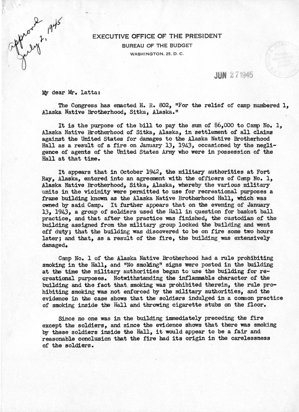 Memorandum from Frederick J. Bailey to M. C. Latta, H.R. 802, For the Relief of Camp Numbered 1, Alaska Native Brotherhood, Sitka, Alaska, with Attachments