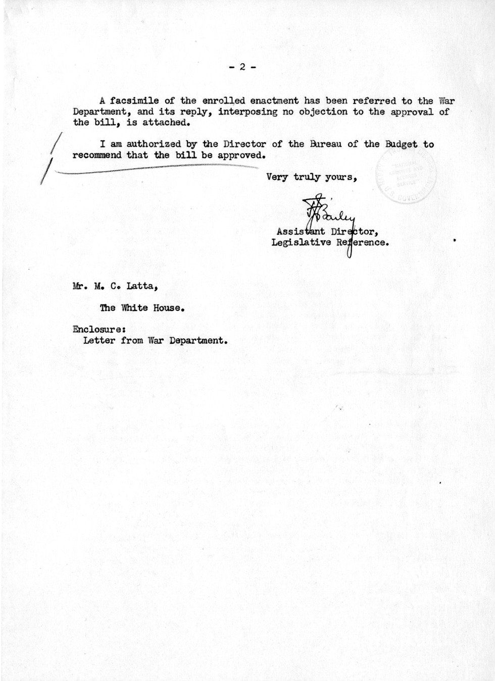 Memorandum from Frederick J. Bailey to M. C. Latta, H.R. 802, For the Relief of Camp Numbered 1, Alaska Native Brotherhood, Sitka, Alaska, with Attachments