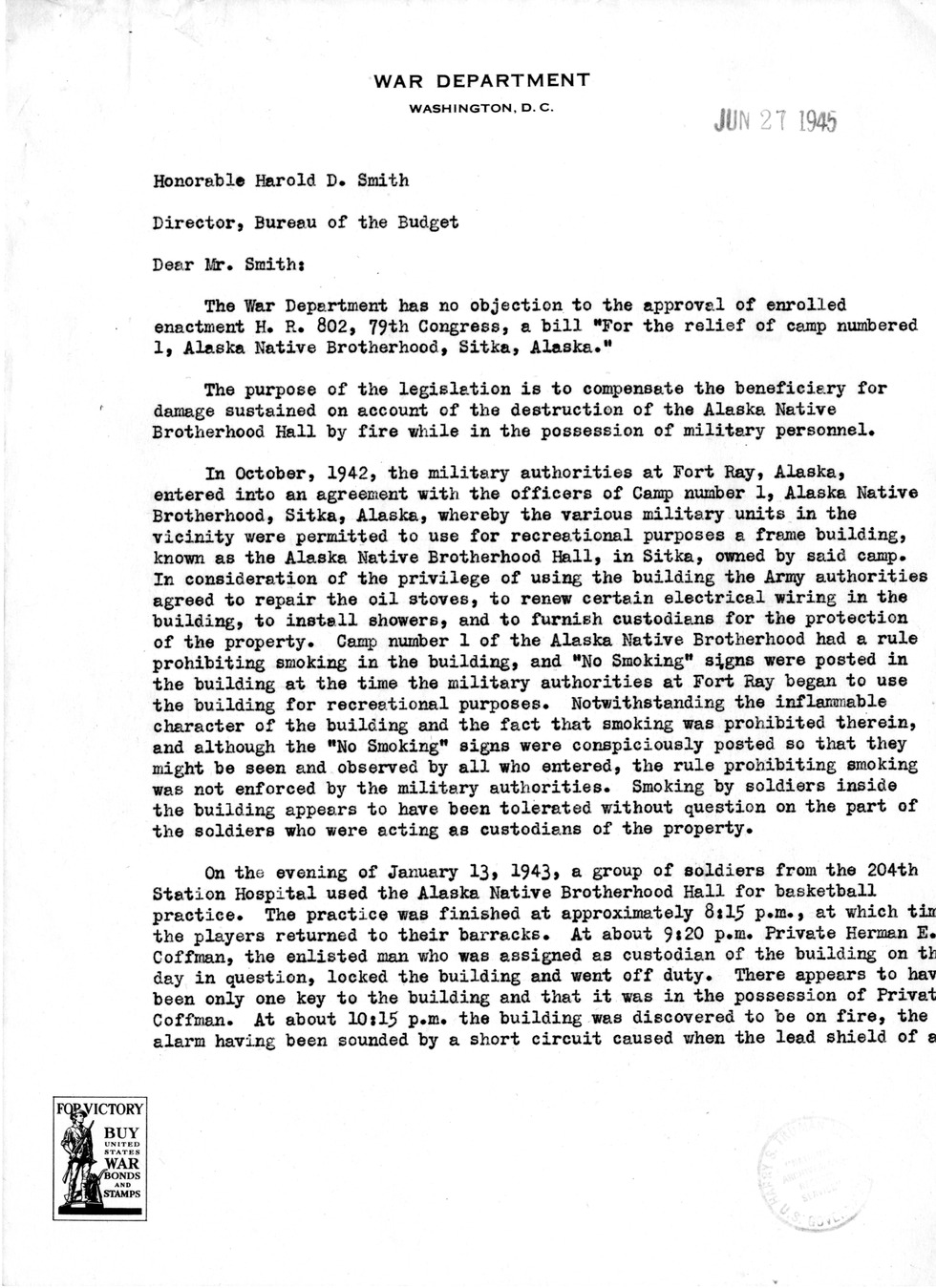 Memorandum from Frederick J. Bailey to M. C. Latta, H.R. 802, For the Relief of Camp Numbered 1, Alaska Native Brotherhood, Sitka, Alaska, with Attachments