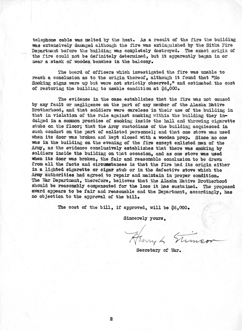 Memorandum from Frederick J. Bailey to M. C. Latta, H.R. 802, For the Relief of Camp Numbered 1, Alaska Native Brotherhood, Sitka, Alaska, with Attachments