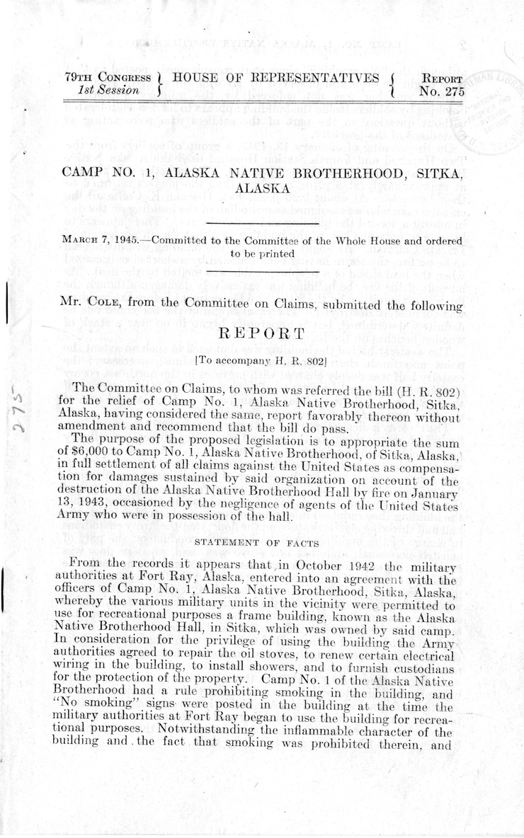 Memorandum from Frederick J. Bailey to M. C. Latta, H.R. 802, For the Relief of Camp Numbered 1, Alaska Native Brotherhood, Sitka, Alaska, with Attachments