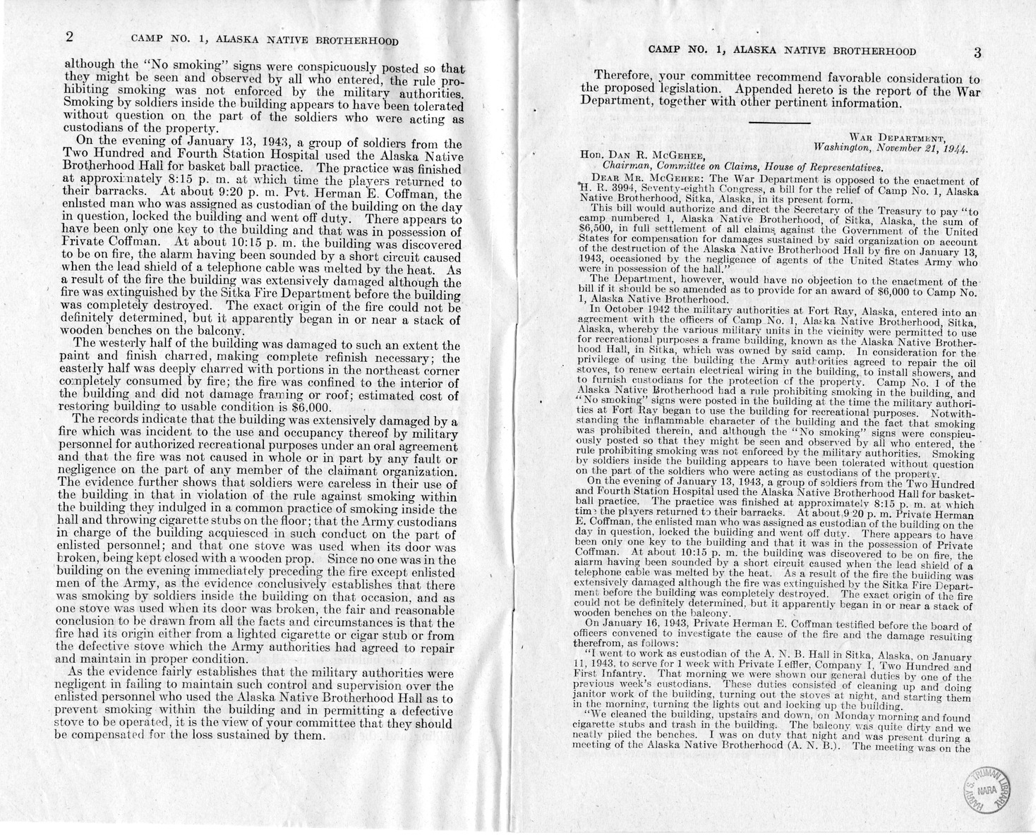 Memorandum from Frederick J. Bailey to M. C. Latta, H.R. 802, For the Relief of Camp Numbered 1, Alaska Native Brotherhood, Sitka, Alaska, with Attachments