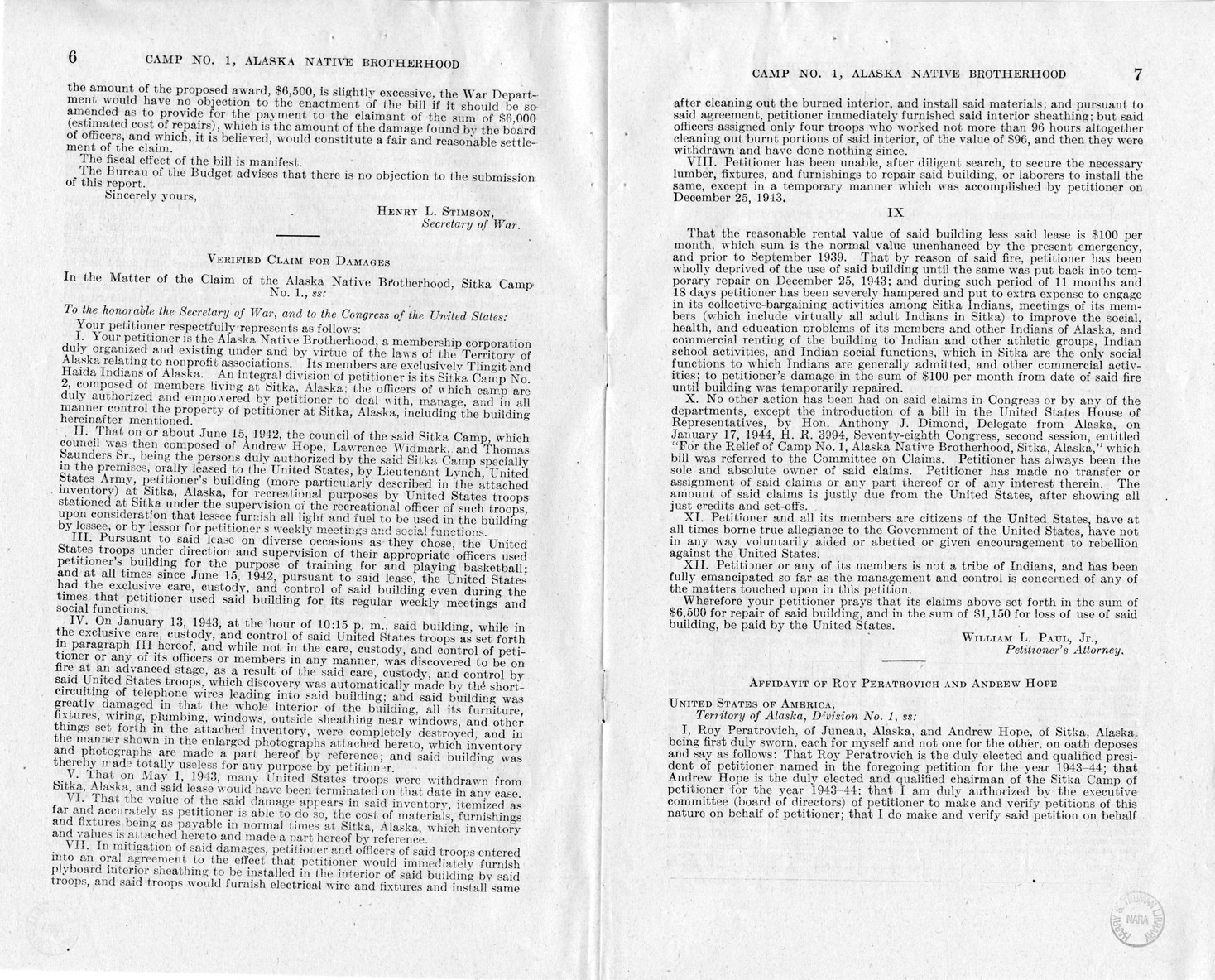 Memorandum from Frederick J. Bailey to M. C. Latta, H.R. 802, For the Relief of Camp Numbered 1, Alaska Native Brotherhood, Sitka, Alaska, with Attachments