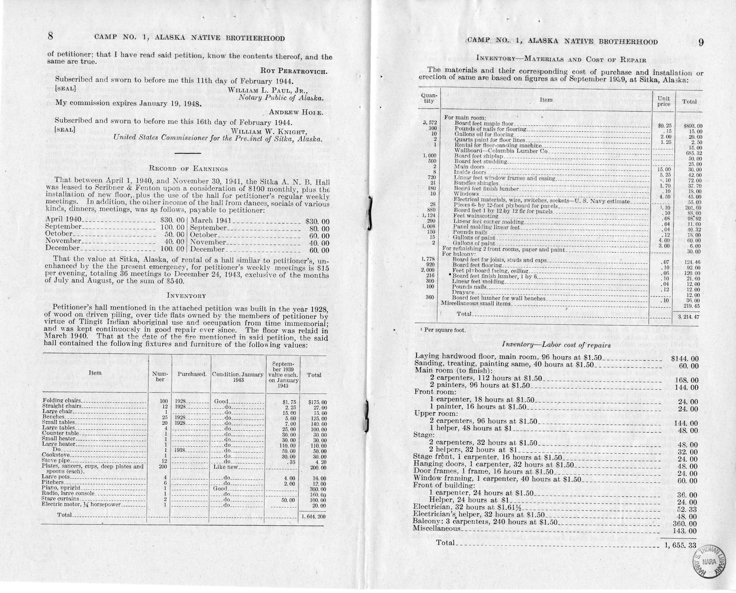 Memorandum from Frederick J. Bailey to M. C. Latta, H.R. 802, For the Relief of Camp Numbered 1, Alaska Native Brotherhood, Sitka, Alaska, with Attachments