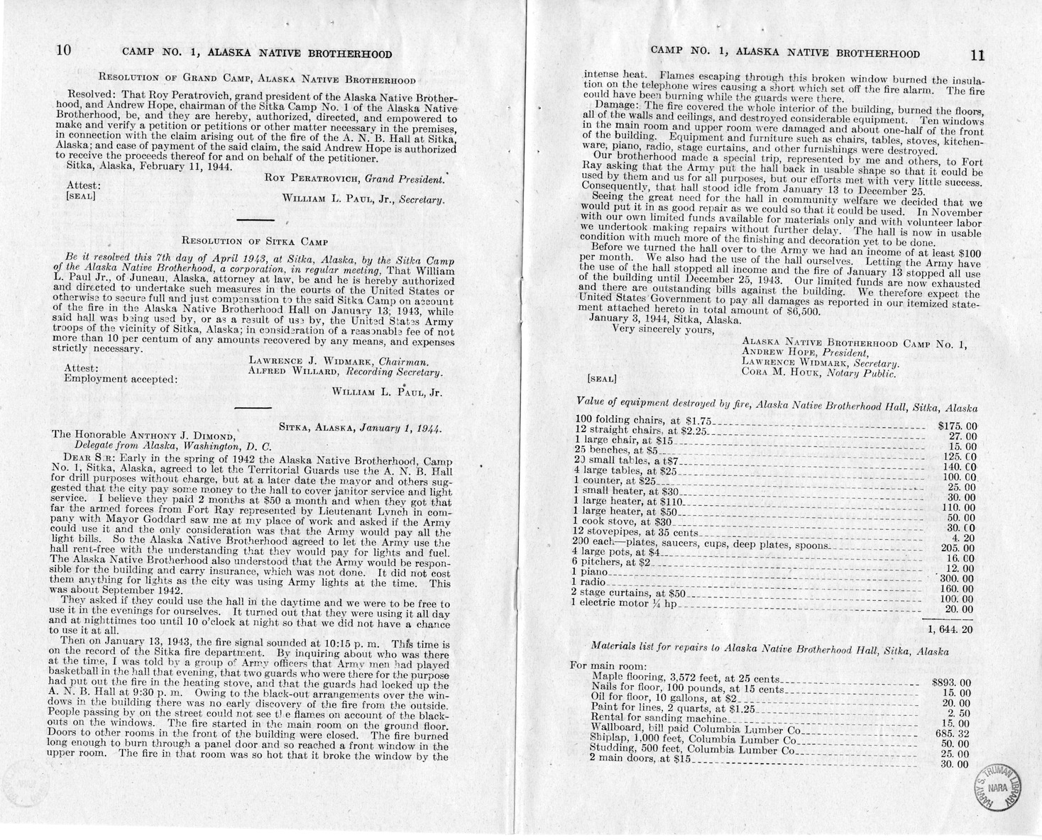 Memorandum from Frederick J. Bailey to M. C. Latta, H.R. 802, For the Relief of Camp Numbered 1, Alaska Native Brotherhood, Sitka, Alaska, with Attachments