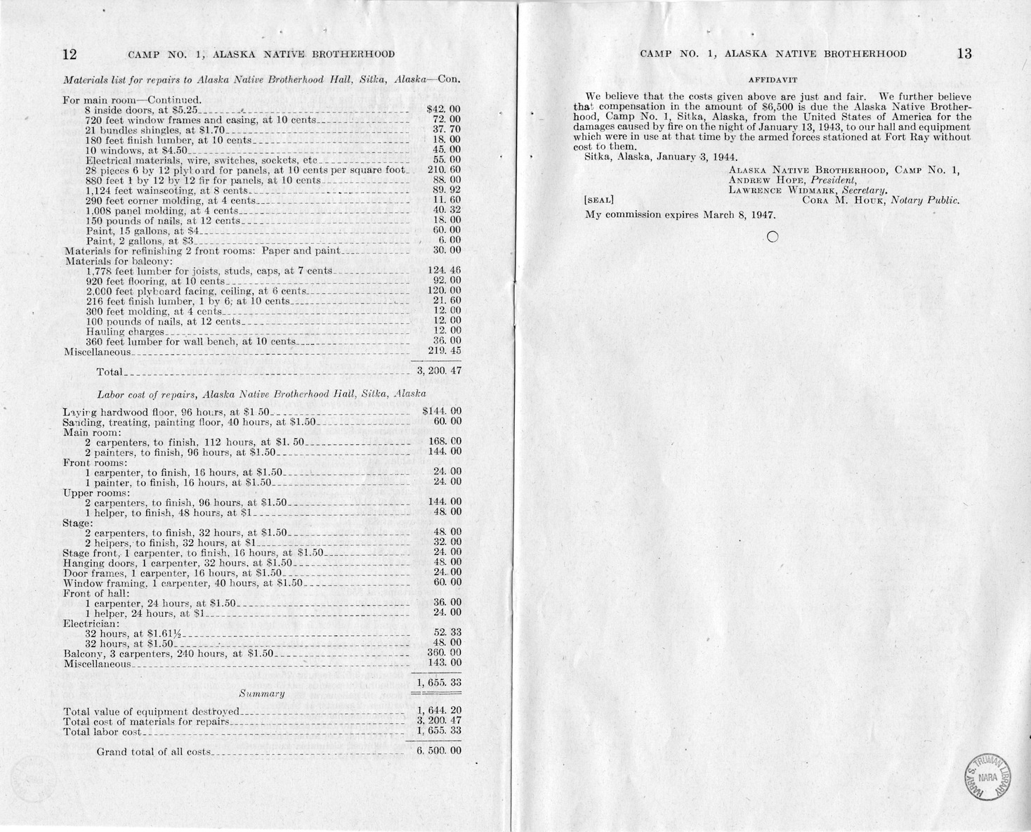 Memorandum from Frederick J. Bailey to M. C. Latta, H.R. 802, For the Relief of Camp Numbered 1, Alaska Native Brotherhood, Sitka, Alaska, with Attachments