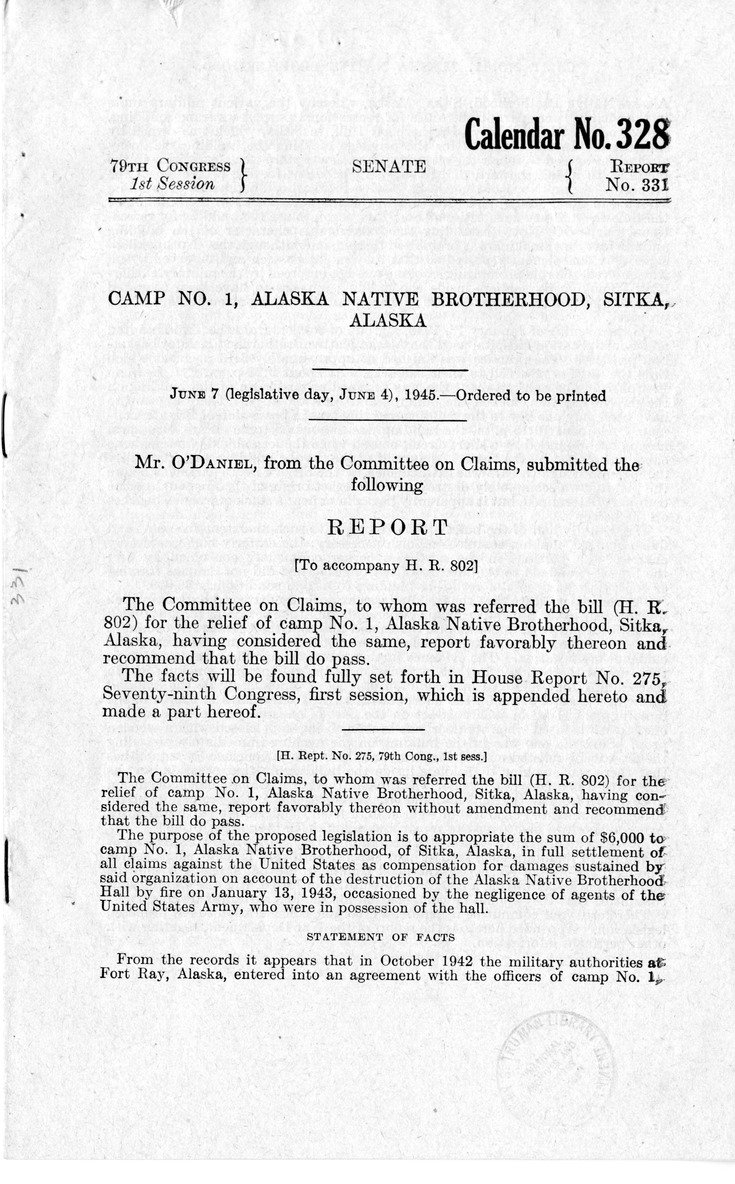 Memorandum from Frederick J. Bailey to M. C. Latta, H.R. 802, For the Relief of Camp Numbered 1, Alaska Native Brotherhood, Sitka, Alaska, with Attachments