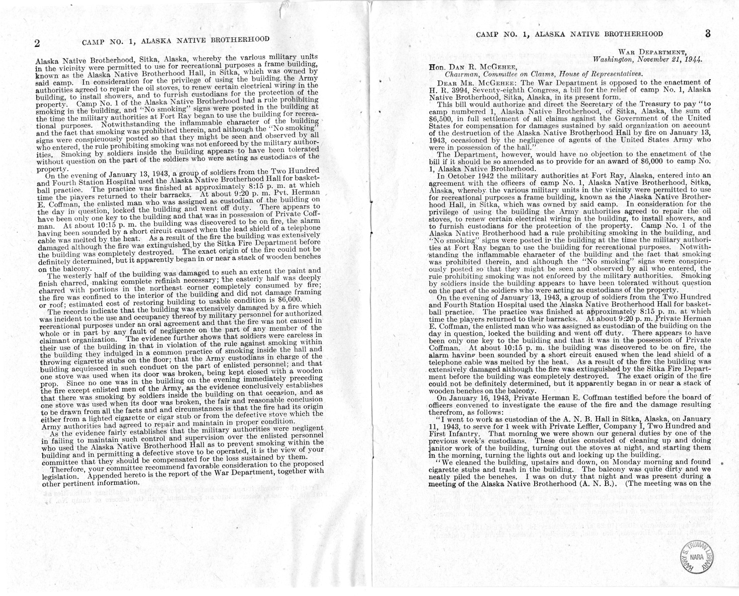 Memorandum from Frederick J. Bailey to M. C. Latta, H.R. 802, For the Relief of Camp Numbered 1, Alaska Native Brotherhood, Sitka, Alaska, with Attachments