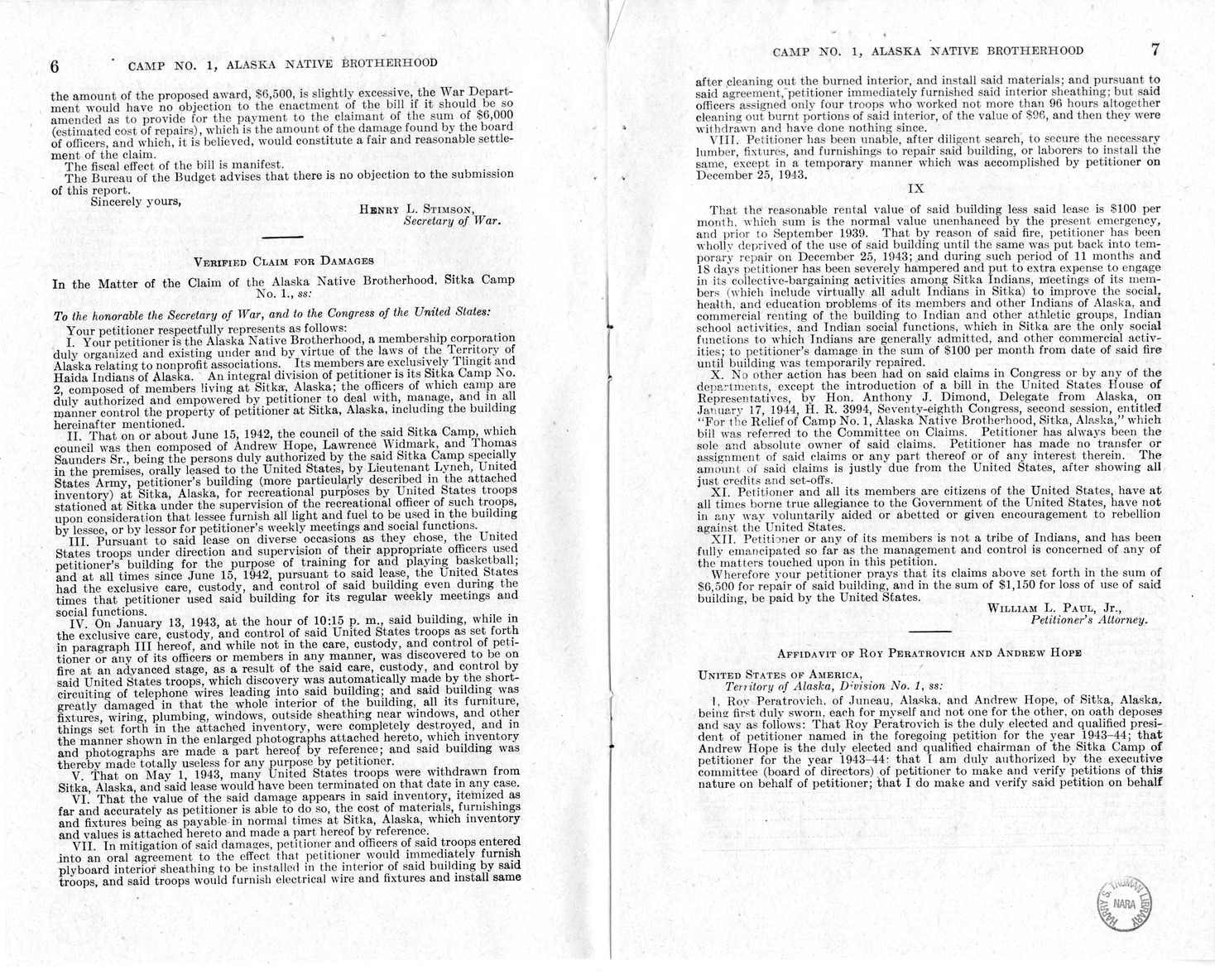 Memorandum from Frederick J. Bailey to M. C. Latta, H.R. 802, For the Relief of Camp Numbered 1, Alaska Native Brotherhood, Sitka, Alaska, with Attachments